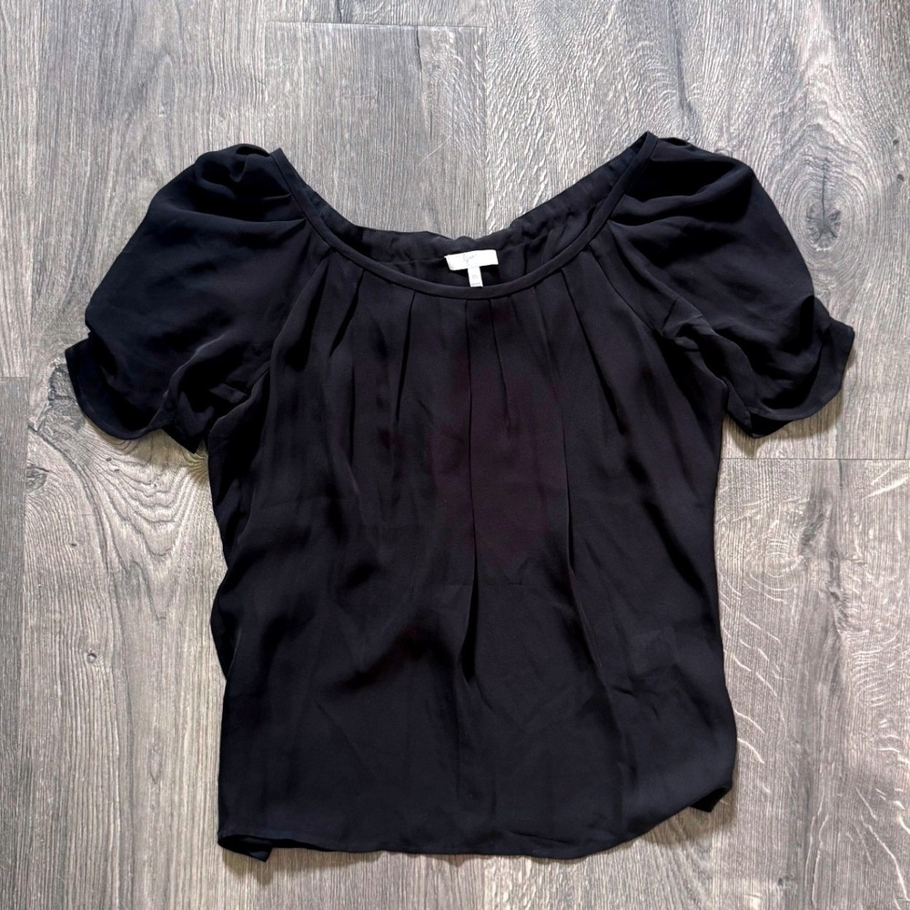 Joie Eleanor Blouse XS Black 100% Silk Chiffon Short Puff Sleeve Back Tie NWOT